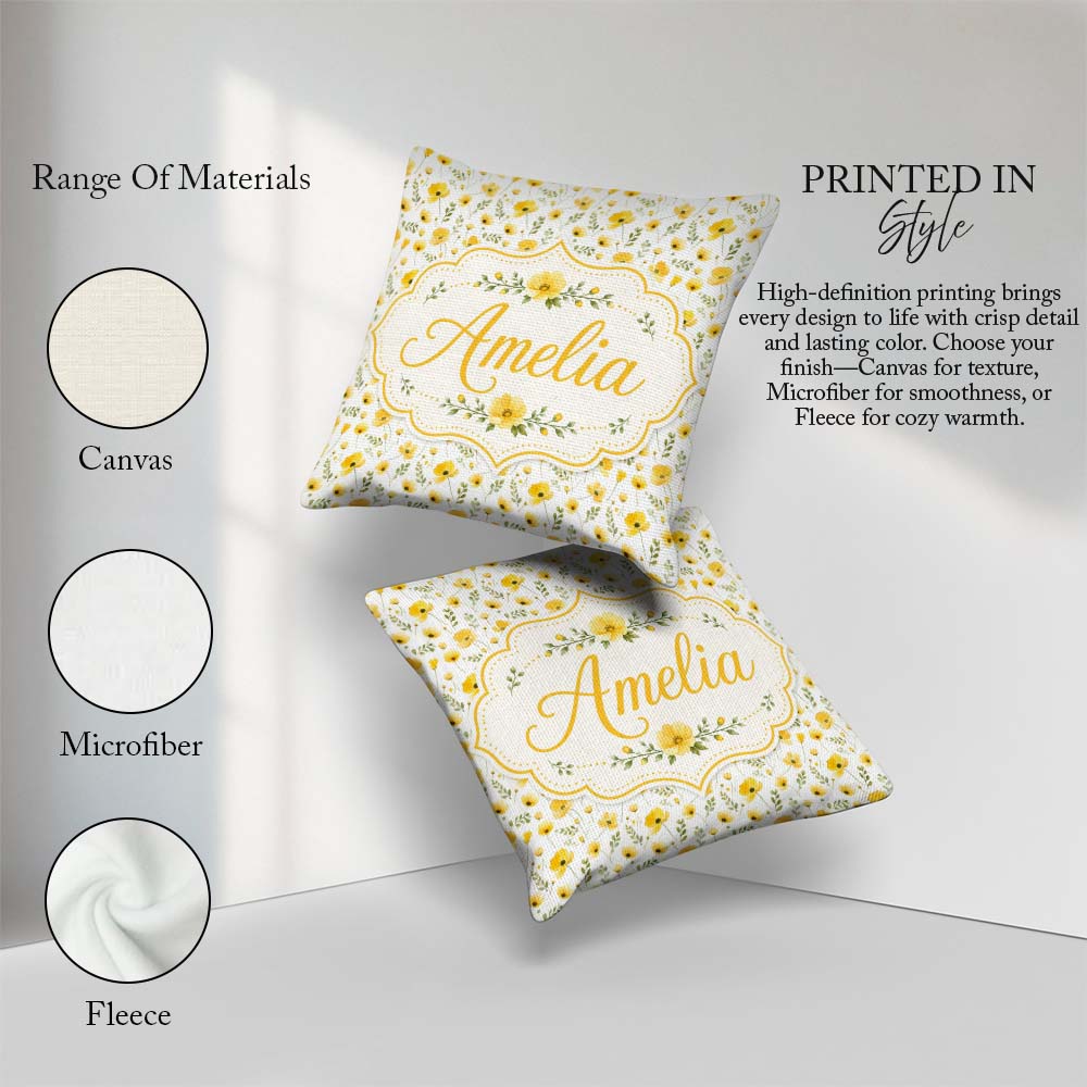 Custom Name Soft Yellow Wildflower Seamless Pattern Light Spring Square Filled Cushion Throw Pillow Sofa Bed Home Decor Zip Washable UK Made