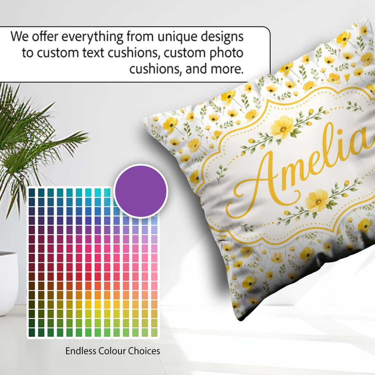 Custom Name Soft Yellow Wildflower Seamless Pattern Light Spring Square Filled Cushion Throw Pillow Sofa Bed Home Decor Zip Washable UK Made