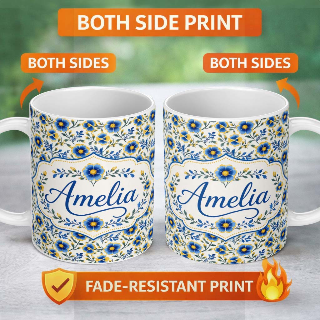 Personalized Custom Name Blue Yellow Floral Vintage Seamless Pattern Elegant Botanical Style 11oz Ceramic Coffee Tea Mug White Large Handle