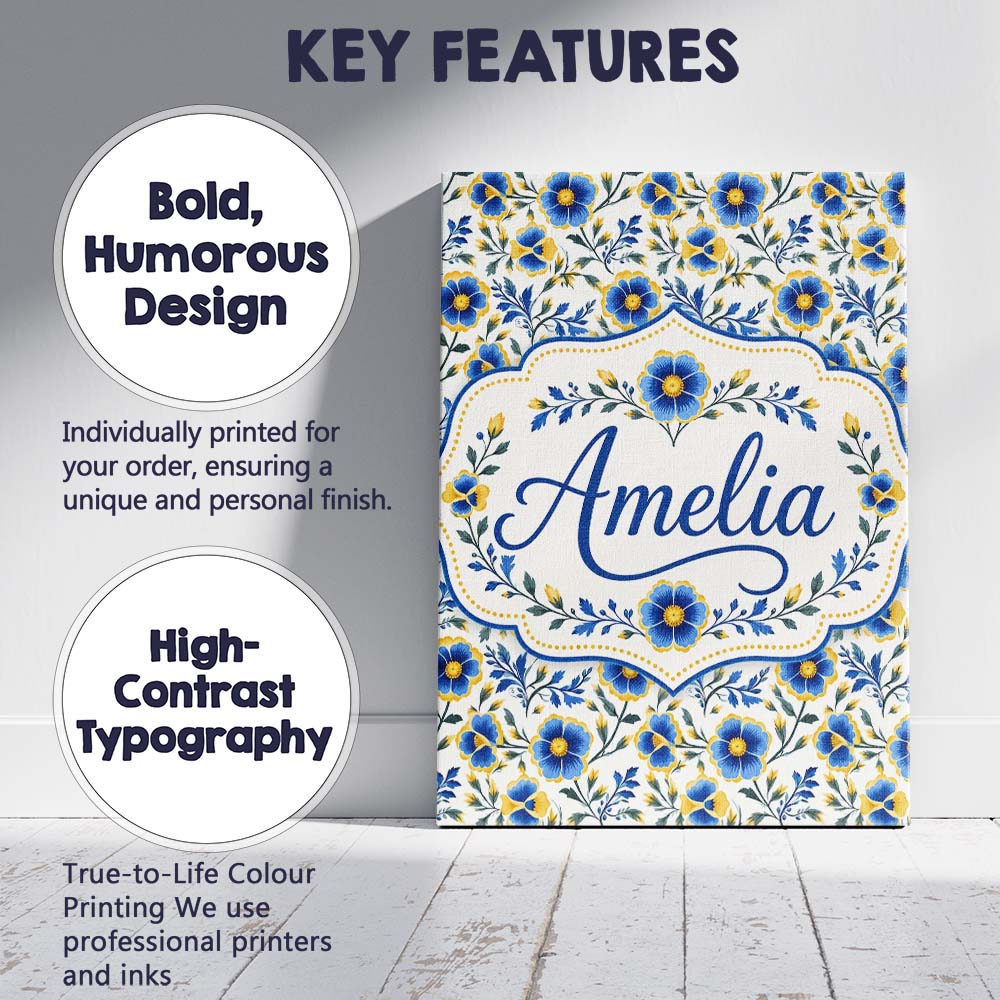 Personalised Name Blue Yellow Floral Custom Premium Decorative Design Modern Room Accent Canvas Wall Art Print Decor Picture Ready to Hang