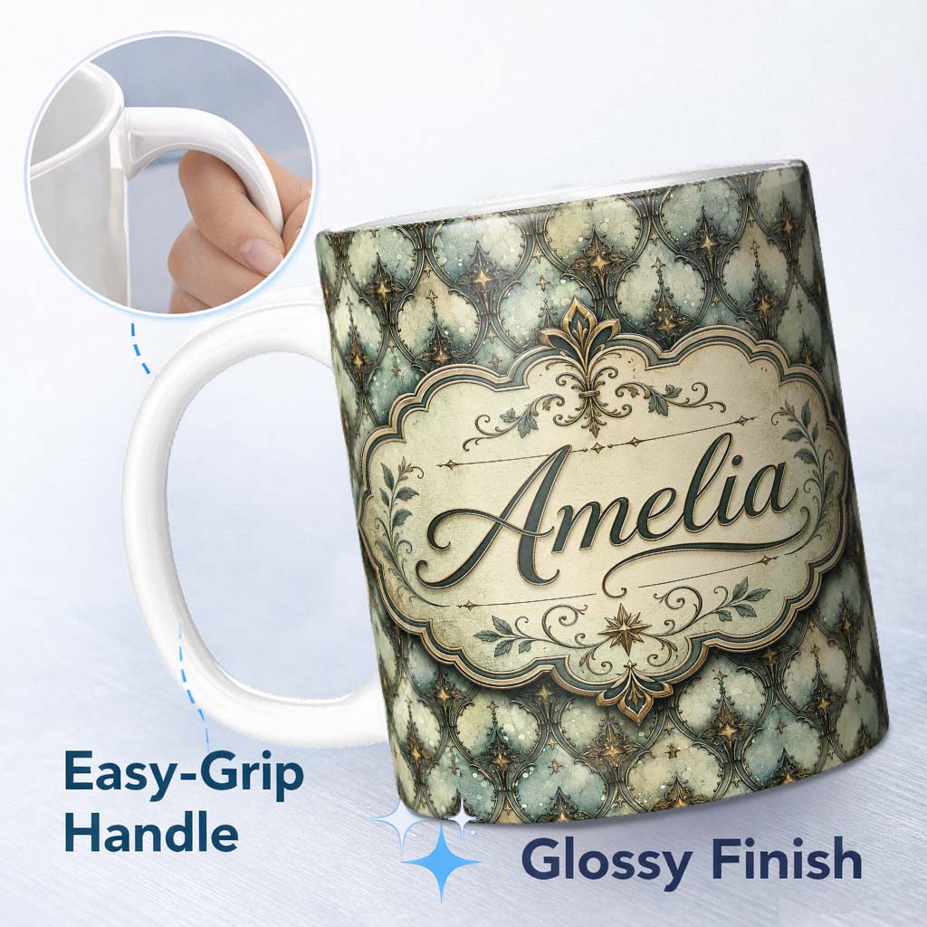 Personalized Custom Name Muted Vintage Ornamental Tile Green and Beige Seamless Pattern 11oz Ceramic Coffee Tea Mug White Large Handle