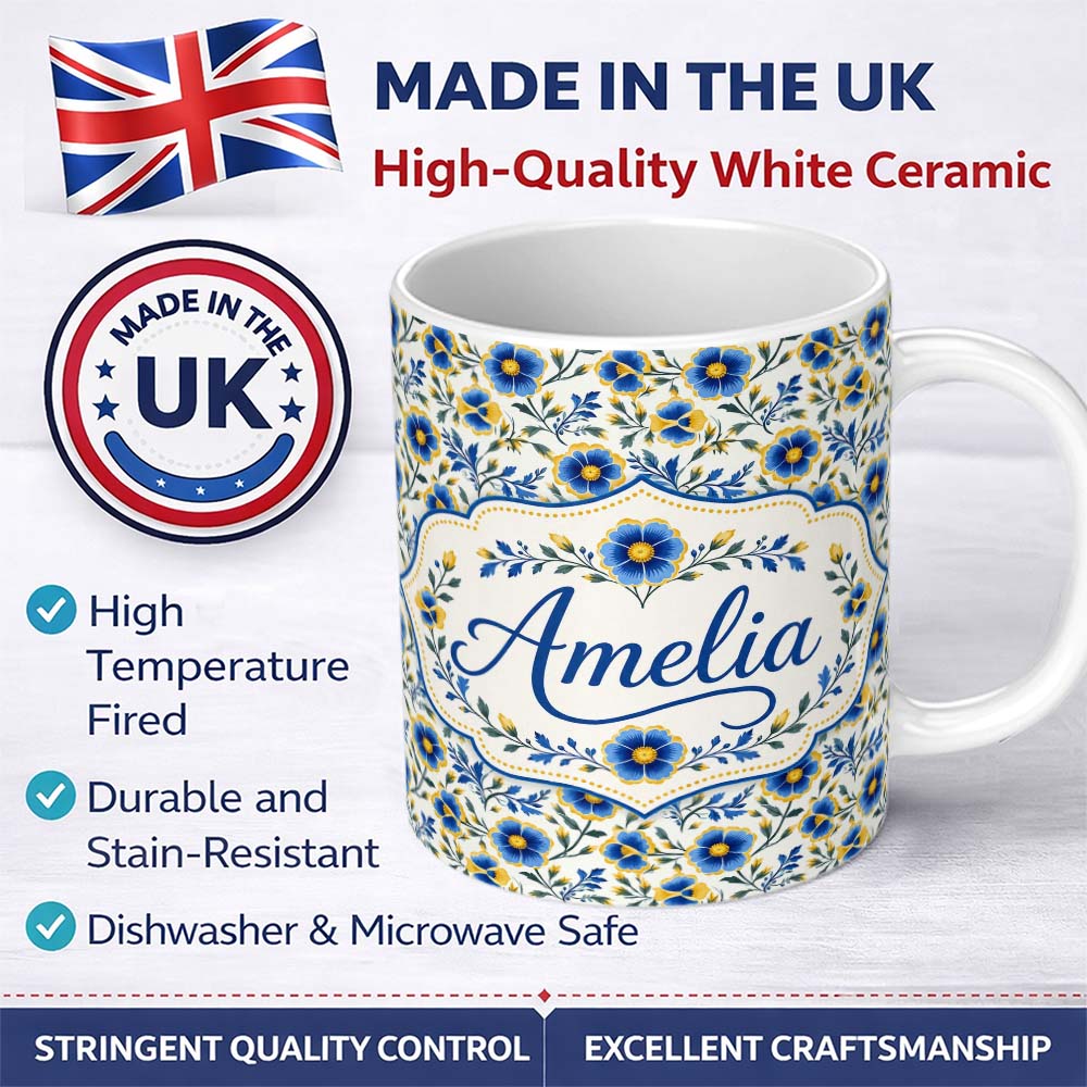 Personalized Custom Name Blue Yellow Floral Vintage Seamless Pattern Elegant Botanical Style 11oz Ceramic Coffee Tea Mug White Large Handle