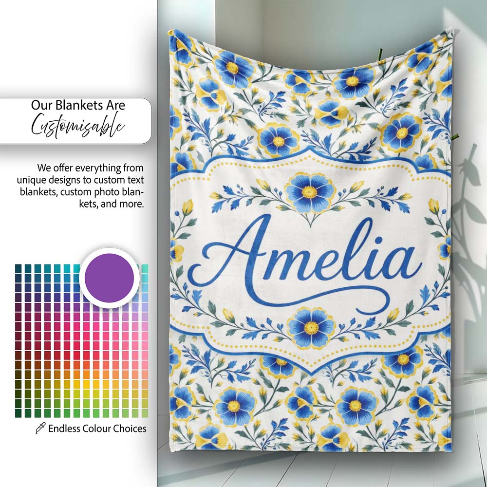 Blue Yellow Floral Vintage Seamless Pattern Elegant Botanical Style Personalised Custom Name Super Soft Fleece Blanket Bed Sofa Throw