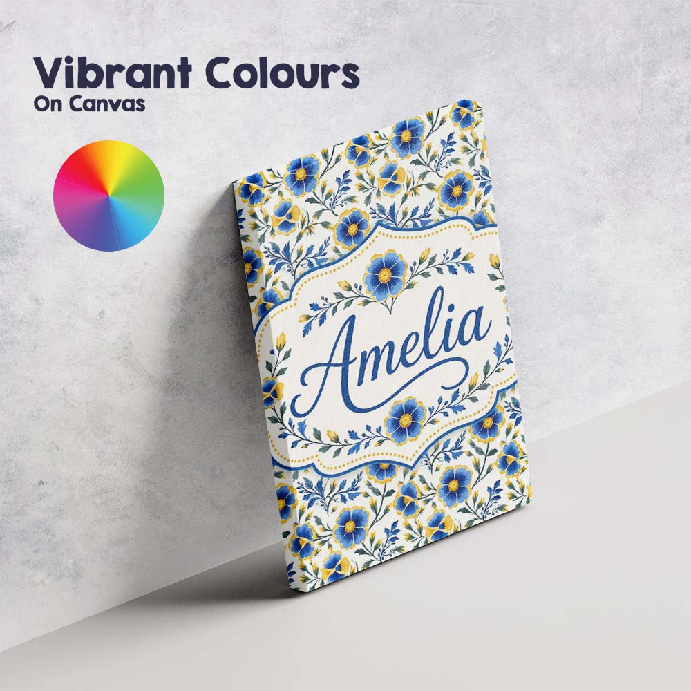 Personalised Name Blue Yellow Floral Custom Premium Decorative Design Modern Room Accent Canvas Wall Art Print Decor Picture Ready to Hang