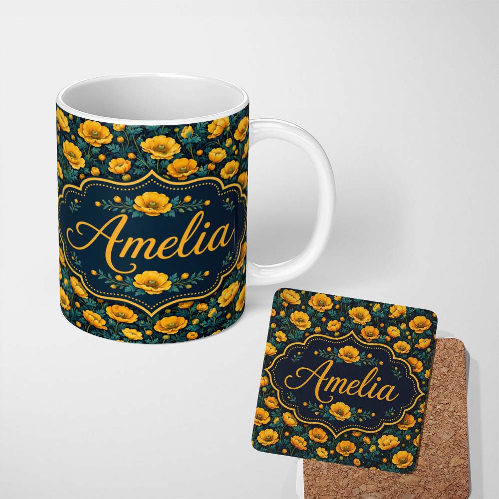 Personalized Custom Name Golden Poppy Flowers Dark Background Seamless Pattern Rich 11oz Ceramic Coffee Tea Mug White Large Handle