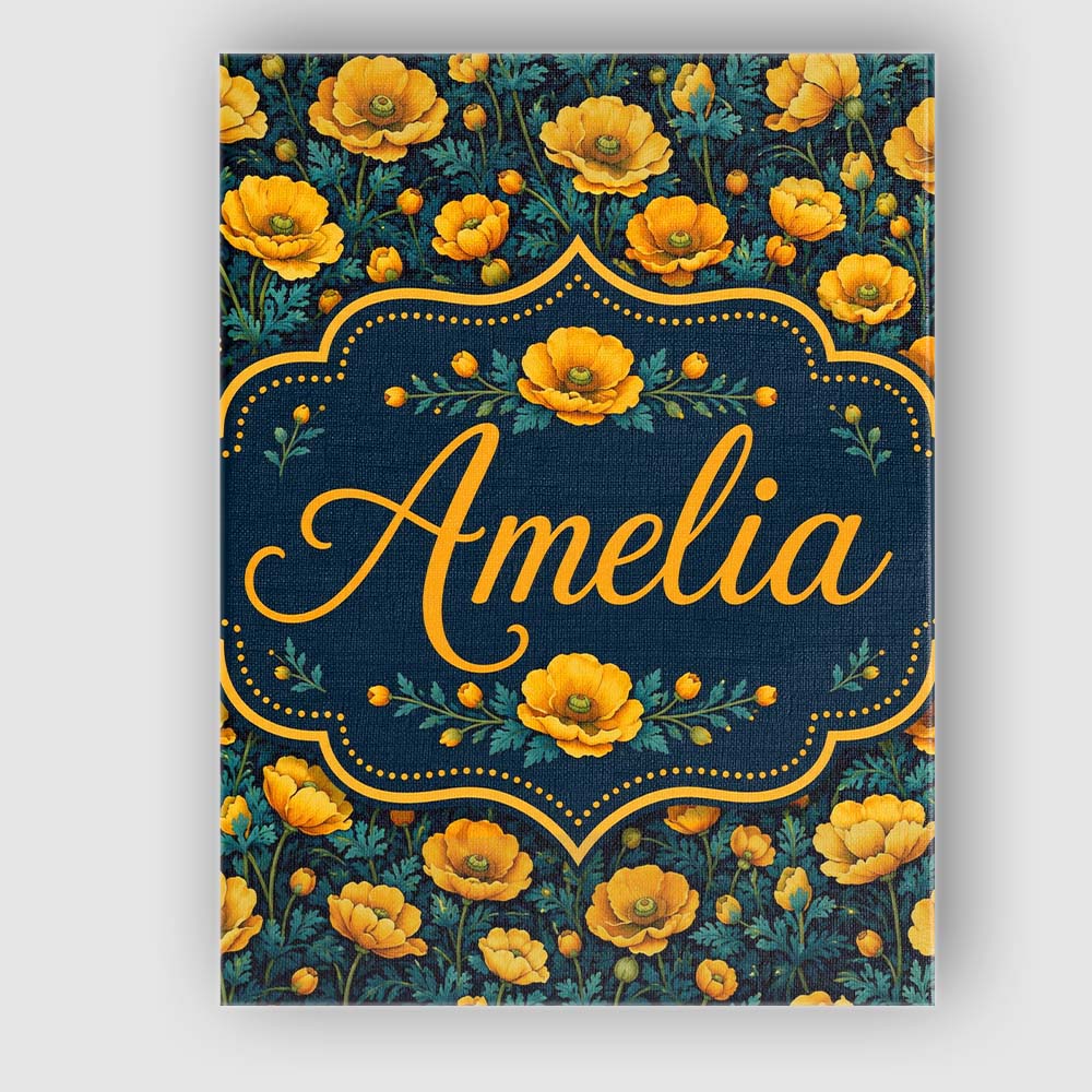 Personalised Name Golden Poppy Flowers Dark Custom Bespoke Interior Contemporary Canvas Wall Art Print Decor Picture Ready to Hang