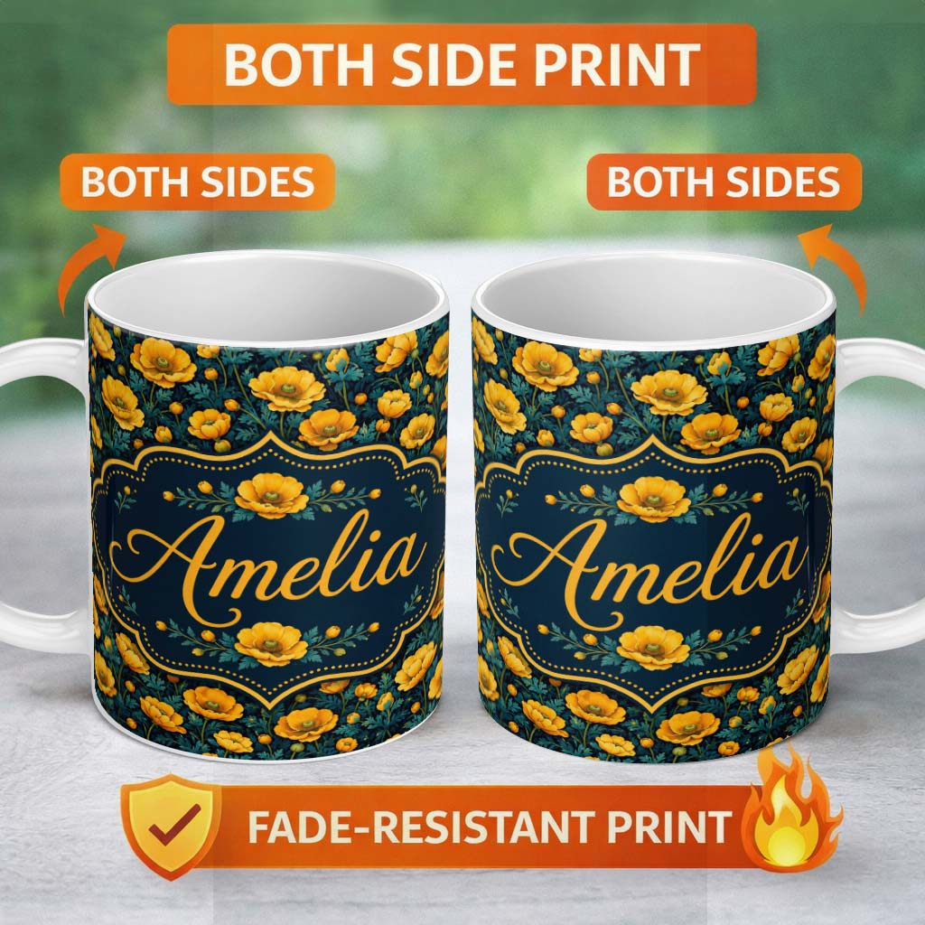 Personalized Custom Name Golden Poppy Flowers Dark Background Seamless Pattern Rich 11oz Ceramic Coffee Tea Mug White Large Handle