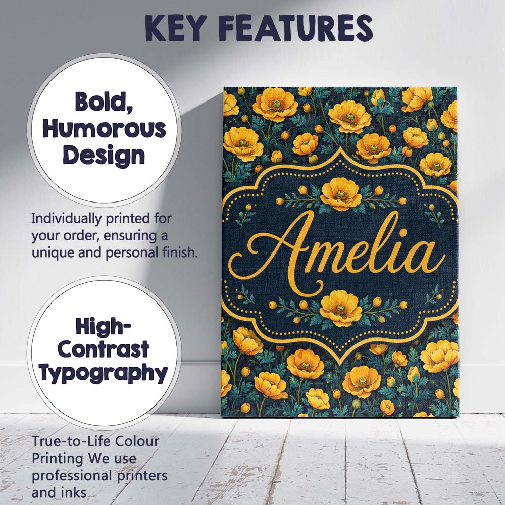 Personalised Name Golden Poppy Flowers Dark Custom Bespoke Interior Contemporary Canvas Wall Art Print Decor Picture Ready to Hang