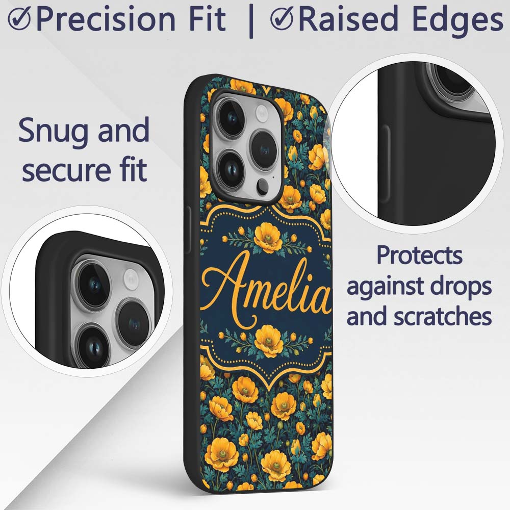 Golden Poppy Flowers Dark Background Seamless Custom Name Protective Phone Case Mobile Cover Durable Everyday Smartphone Shock Resistant