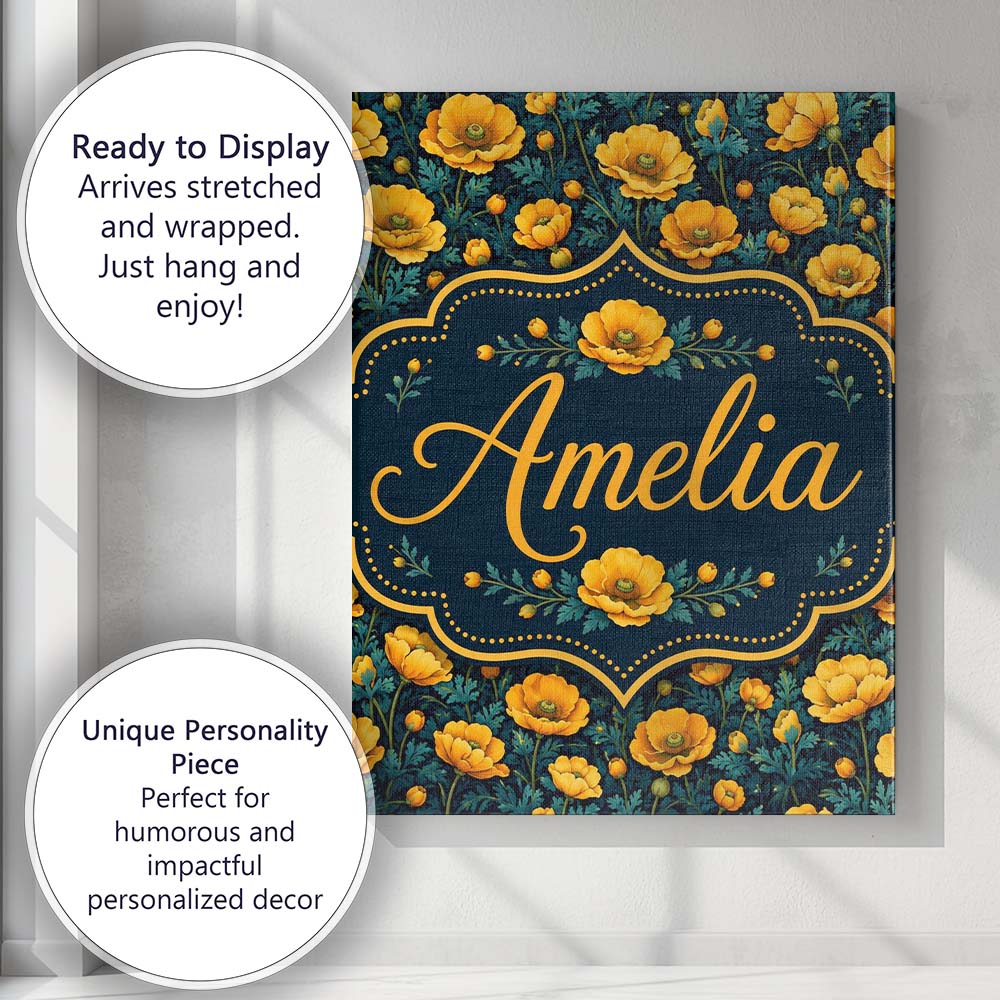 Personalised Name Golden Poppy Flowers Dark Custom Bespoke Interior Contemporary Canvas Wall Art Print Decor Picture Ready to Hang