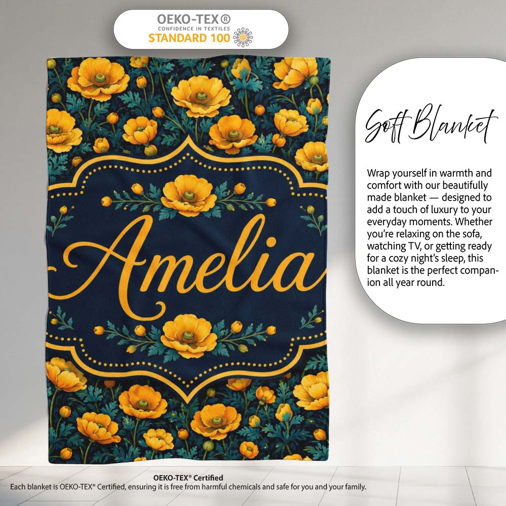 Golden Poppy Flowers Dark Background Seamless Pattern Rich Personalised Custom Name Super Soft Fleece Blanket Bed Sofa Throw