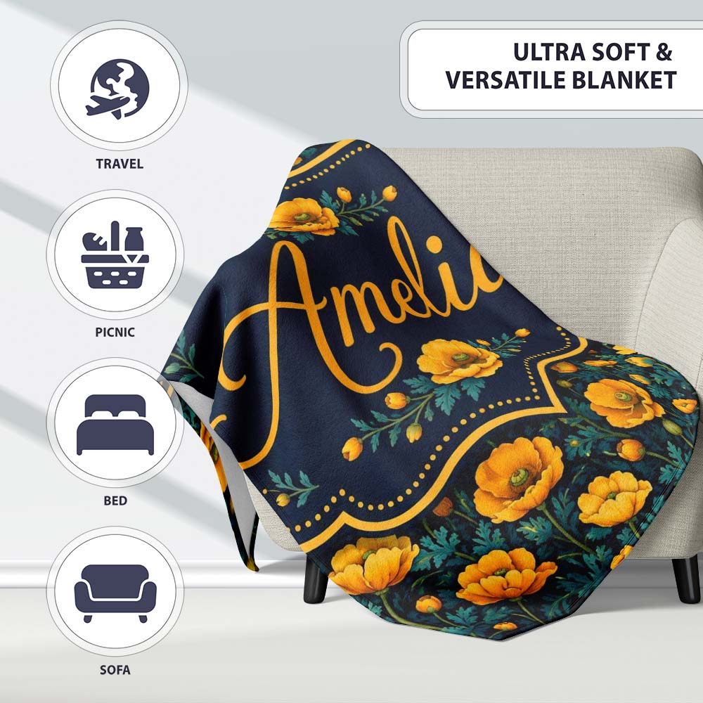 Golden Poppy Flowers Dark Background Seamless Pattern Rich Personalised Custom Name Super Soft Fleece Blanket Bed Sofa Throw