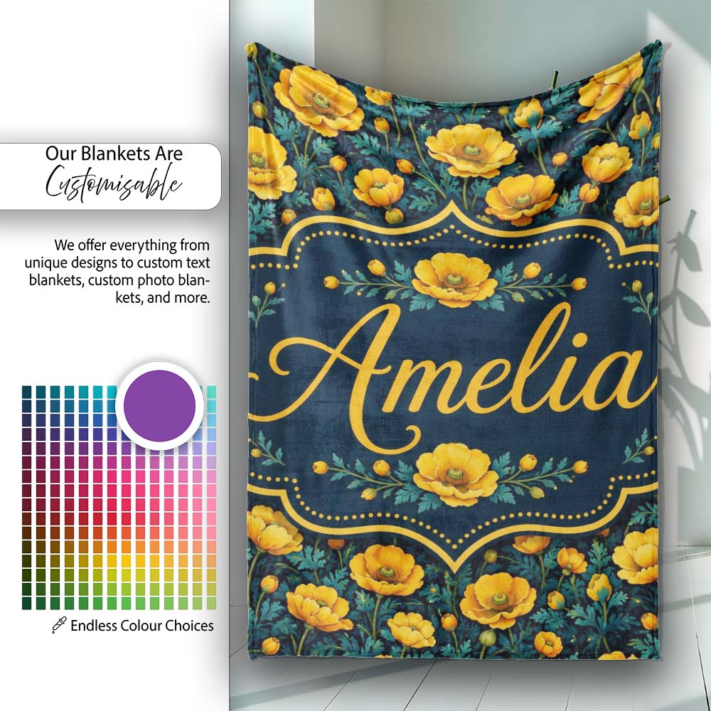 Golden Poppy Flowers Dark Background Seamless Pattern Rich Personalised Custom Name Super Soft Fleece Blanket Bed Sofa Throw