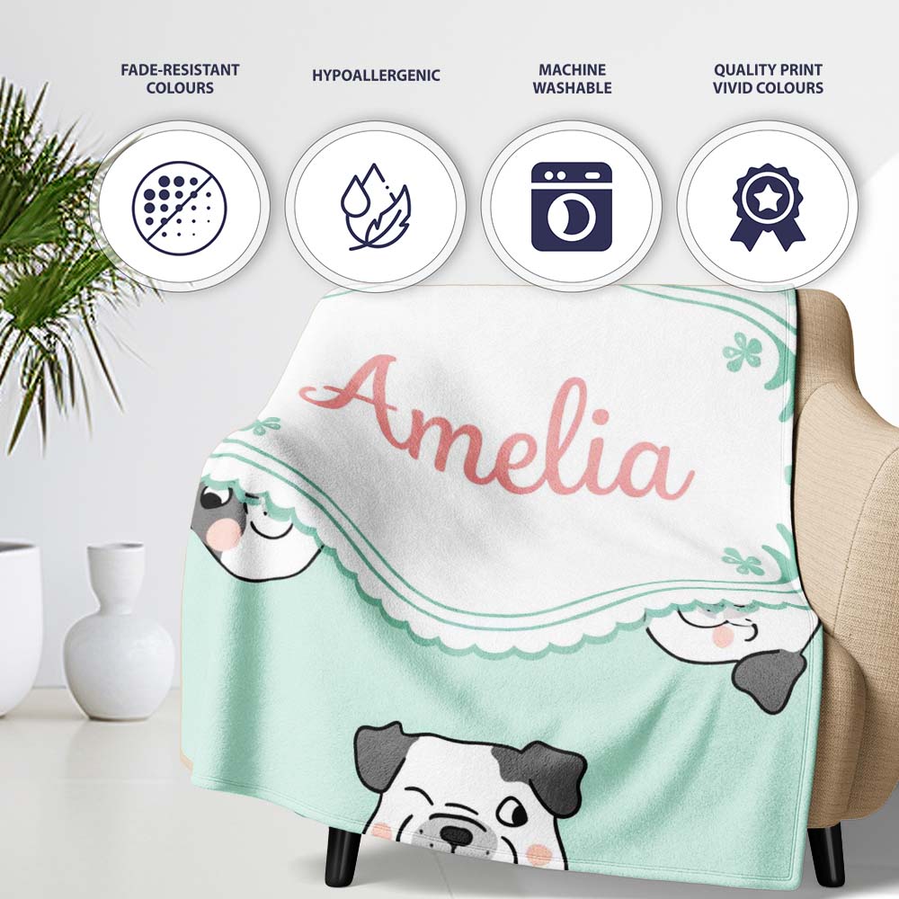 Cute French Bulldog Faces Teal Background Seamless Pattern Lovely Personalised Custom Name Super Soft Fleece Blanket Bed Sofa Throw