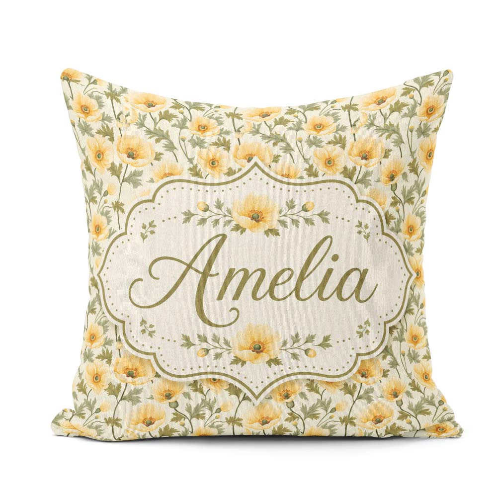Custom Name Soft Beige Floral Seamless Pattern Elegant Botanical Square Filled Cushion Throw Pillow Sofa Bed Home Decor Zip Washable UK Made