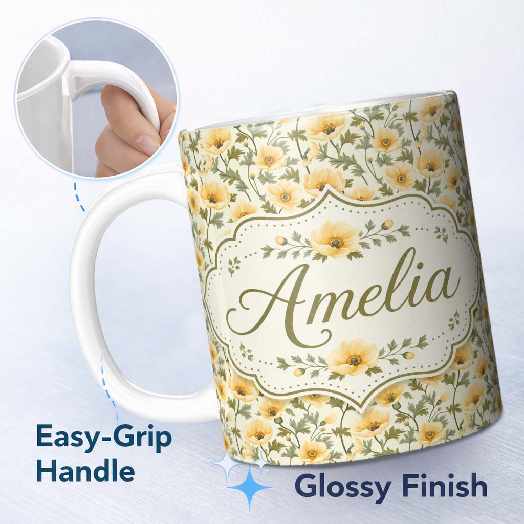 Personalized Custom Name Soft Beige Poppy Floral Seamless Pattern Elegant Neutral Botanical 11oz Ceramic Coffee Tea Mug White Large Handle