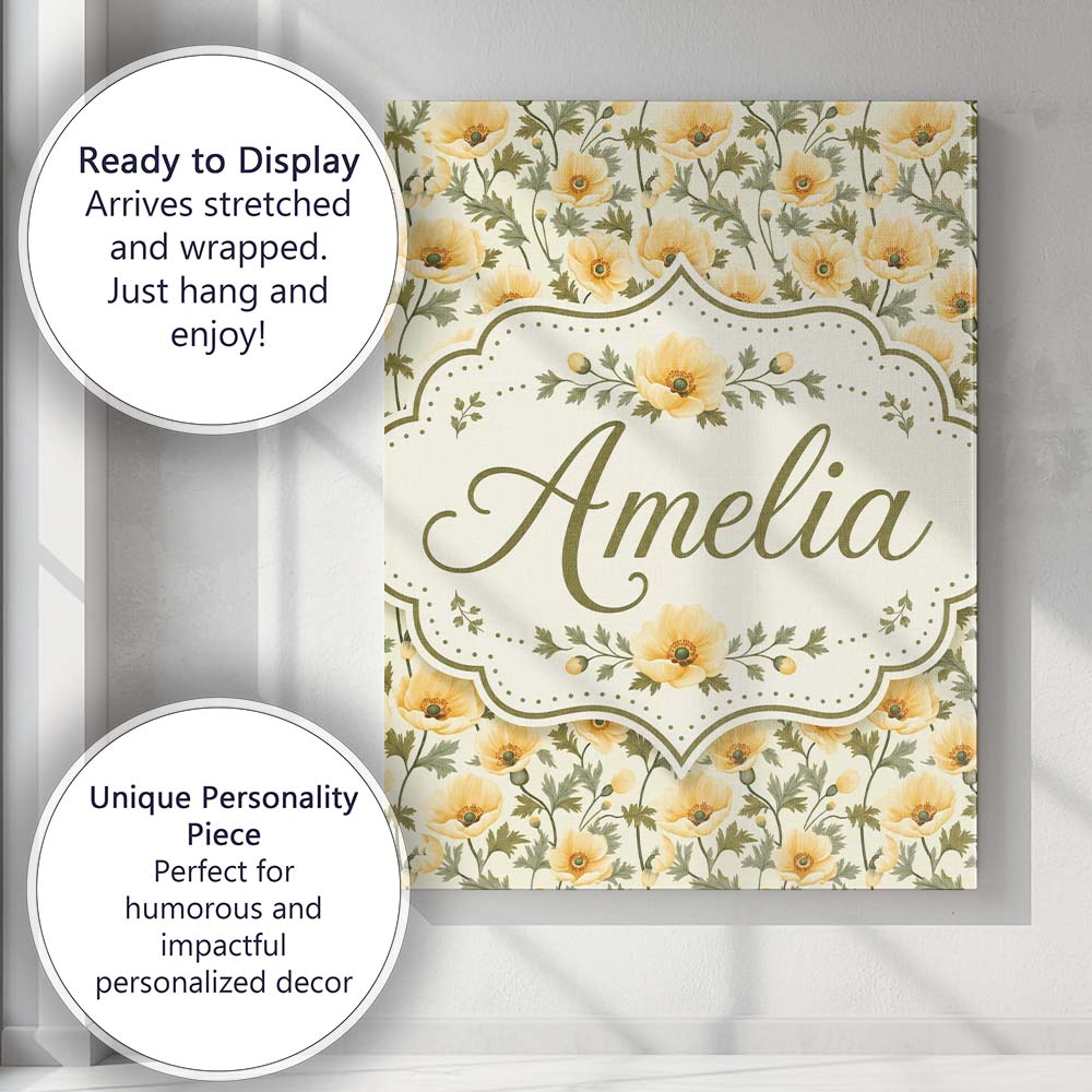Personalised Name Soft Beige Poppy Floral Custom Unique Gift Idea Elegant Feature Canvas Wall Art Print Decor Picture Ready to Hang