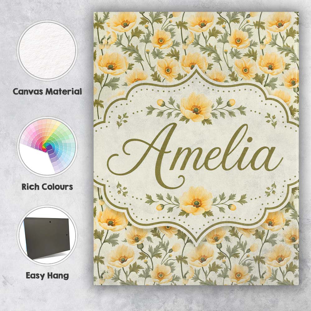 Personalised Name Soft Beige Poppy Floral Custom Unique Gift Idea Elegant Feature Canvas Wall Art Print Decor Picture Ready to Hang
