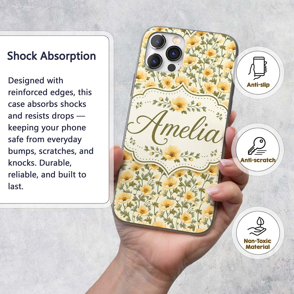 Soft Beige Poppy Floral Seamless Pattern Elegant Custom Name Protective Phone Case Mobile Cover Durable Everyday Smartphone Shock Resistant