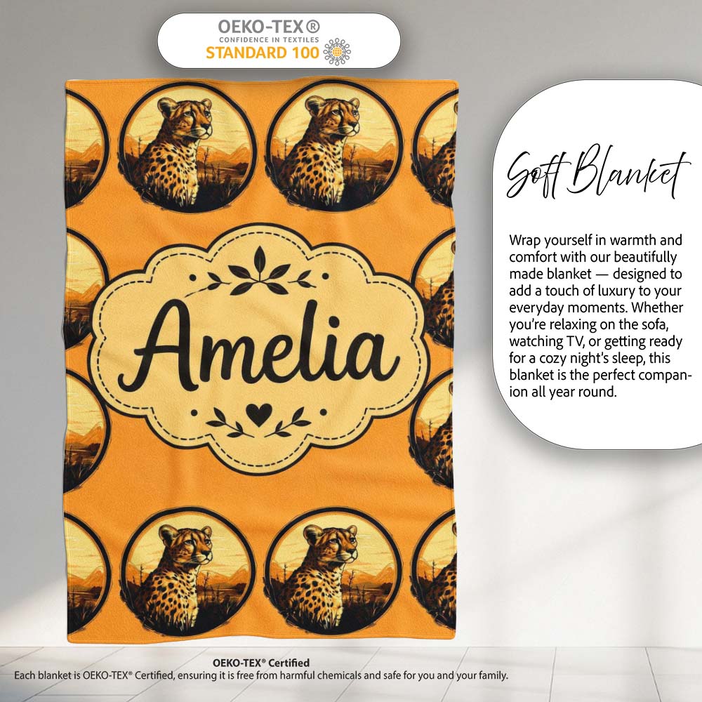 Cheetah Portrait Sunset Safari Seamless Pattern Wildlife Nature Personalised Custom Name Super Soft Fleece Blanket Bed Sofa Throw