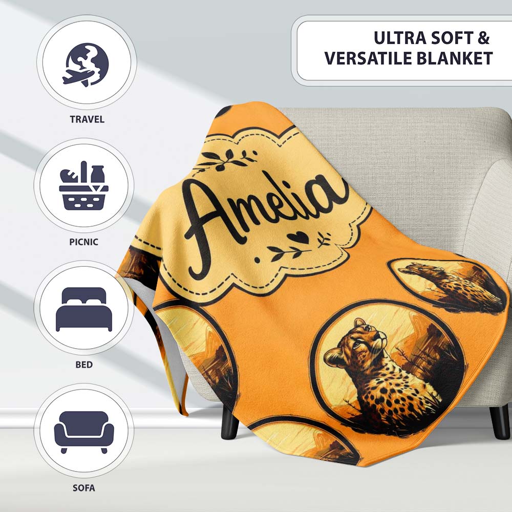 Cheetah Portrait Sunset Safari Seamless Pattern Wildlife Nature Personalised Custom Name Super Soft Fleece Blanket Bed Sofa Throw
