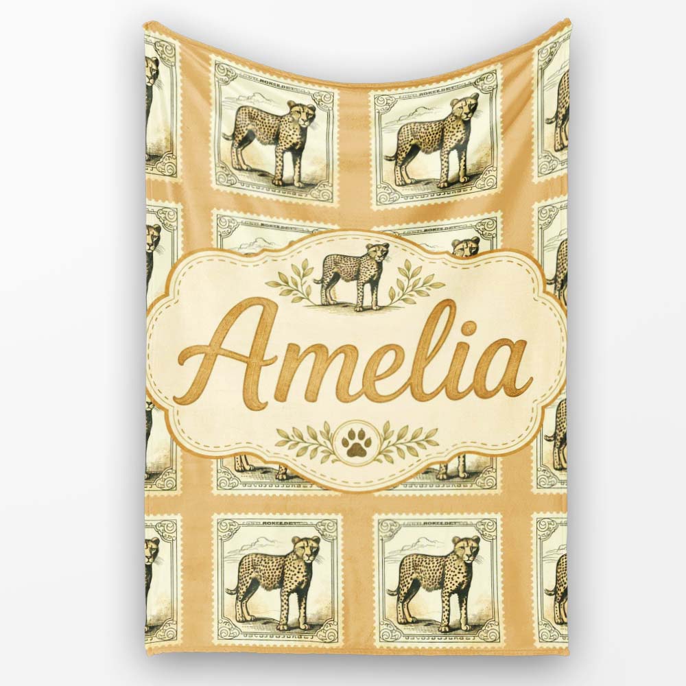 Vintage Cheetah Postage Stamp Style Seamless Pattern Classic Personalised Custom Name Super Soft Fleece Blanket Bed Sofa Throw