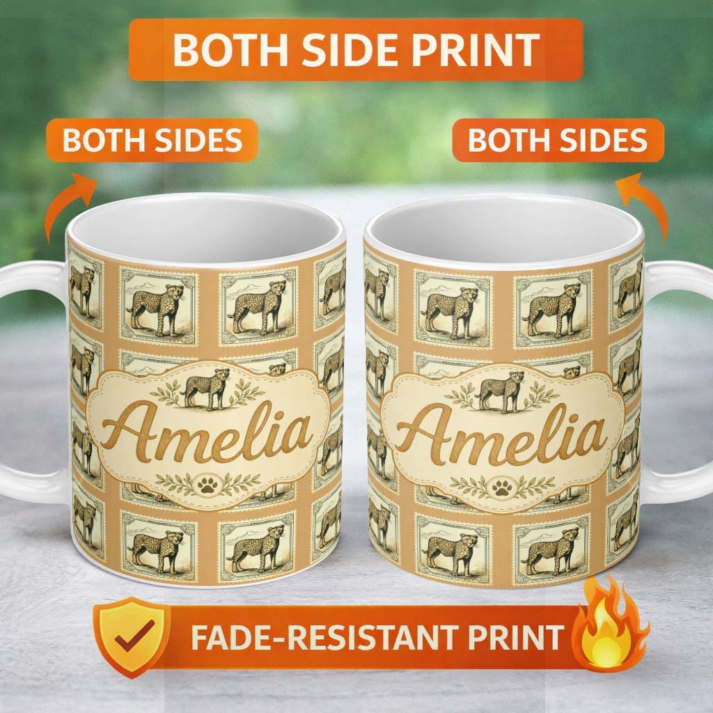 Personalized Custom Name Vintage Cheetah Postage Stamp Style Seamless Pattern Classic 11oz Ceramic Coffee Tea Mug White Large Handle