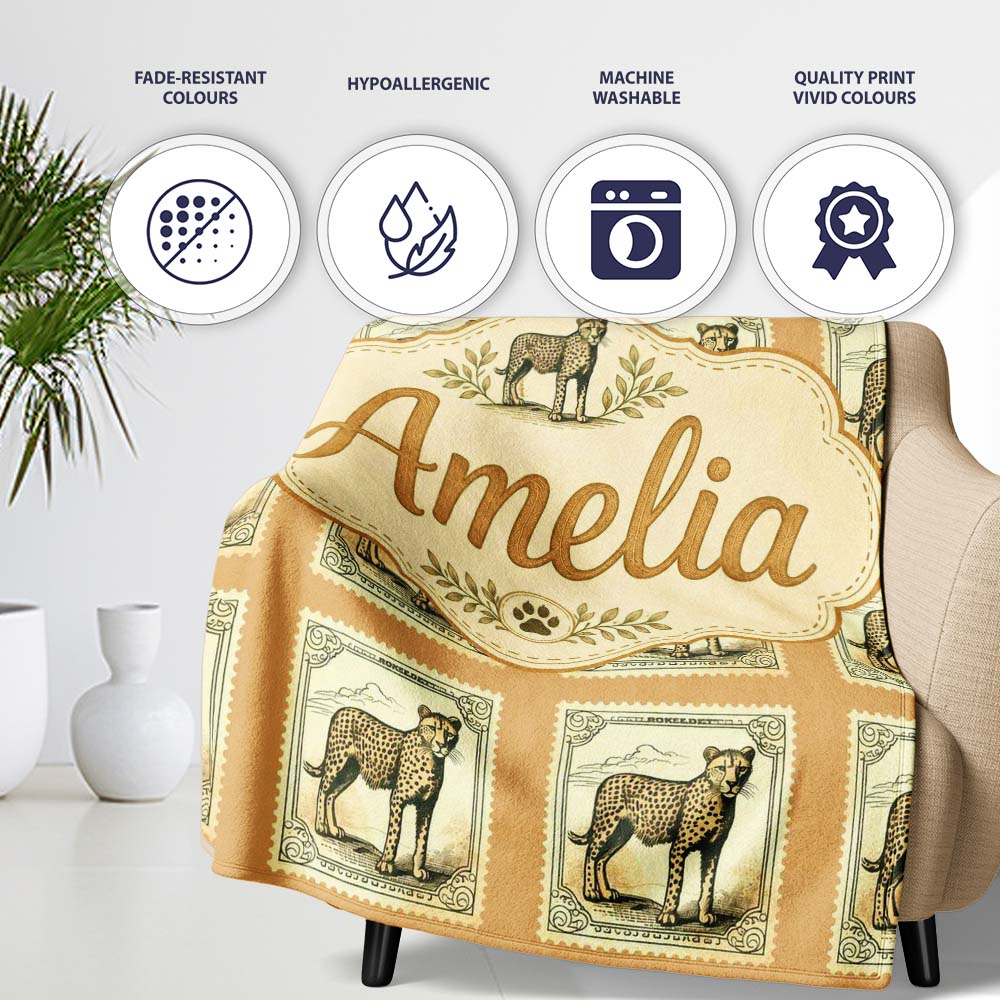 Vintage Cheetah Postage Stamp Style Seamless Pattern Classic Personalised Custom Name Super Soft Fleece Blanket Bed Sofa Throw