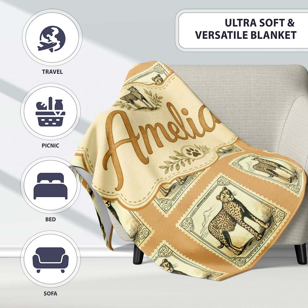 Vintage Cheetah Postage Stamp Style Seamless Pattern Classic Personalised Custom Name Super Soft Fleece Blanket Bed Sofa Throw