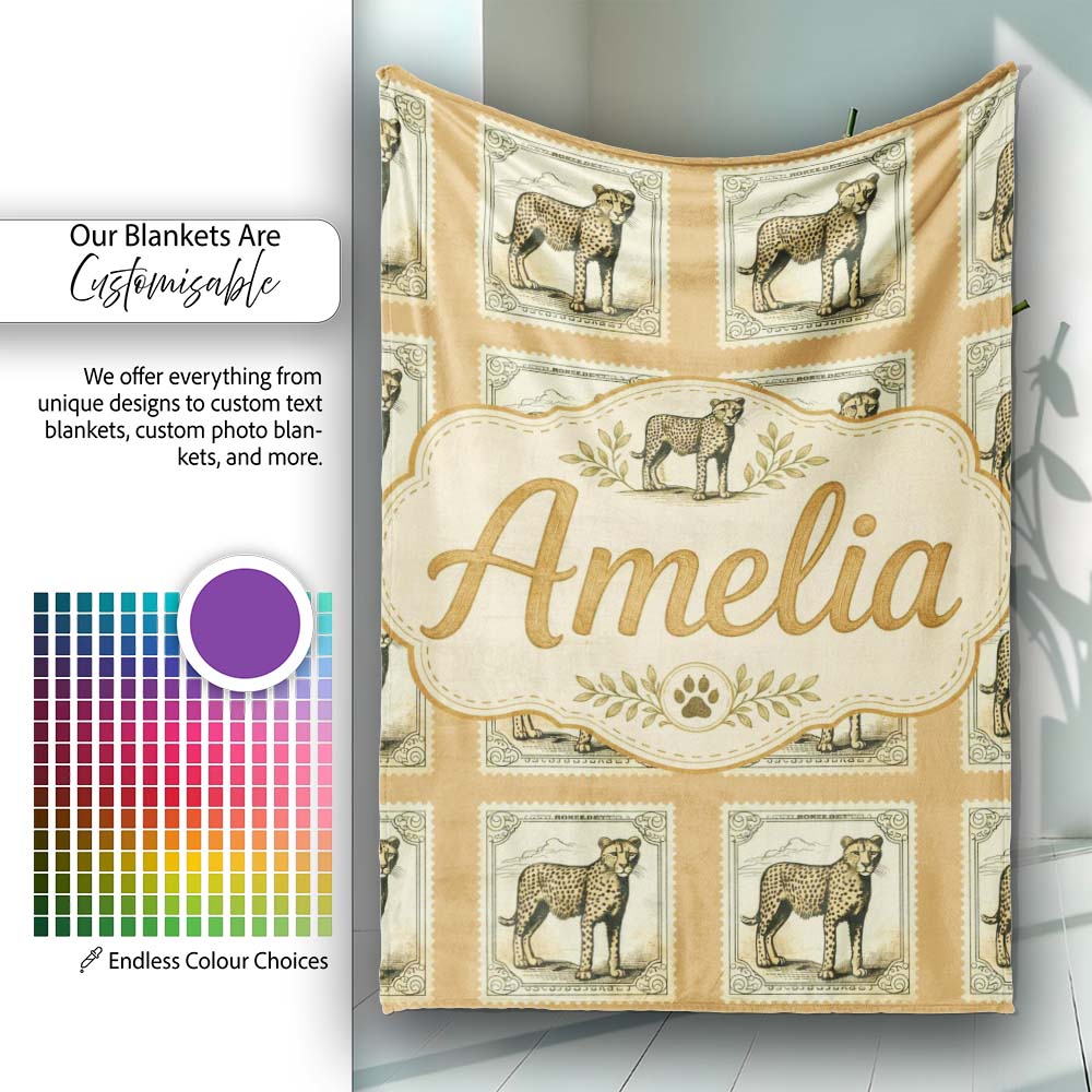 Vintage Cheetah Postage Stamp Style Seamless Pattern Classic Personalised Custom Name Super Soft Fleece Blanket Bed Sofa Throw
