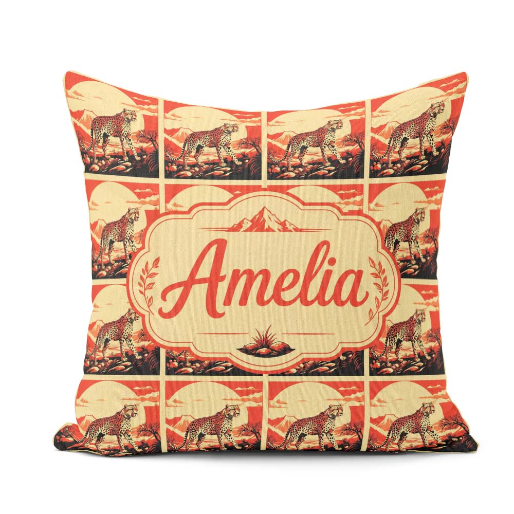 Custom Name Cheetah Landscape Red Sunset Scenic Seamless Pattern Square Filled Cushion Throw Pillow Sofa Bed Home Decor Zip Washable UK Made