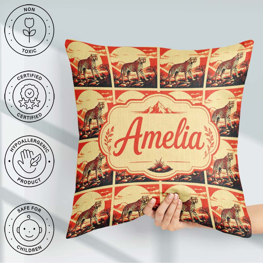 Custom Name Cheetah Landscape Red Sunset Scenic Seamless Pattern Square Filled Cushion Throw Pillow Sofa Bed Home Decor Zip Washable UK Made