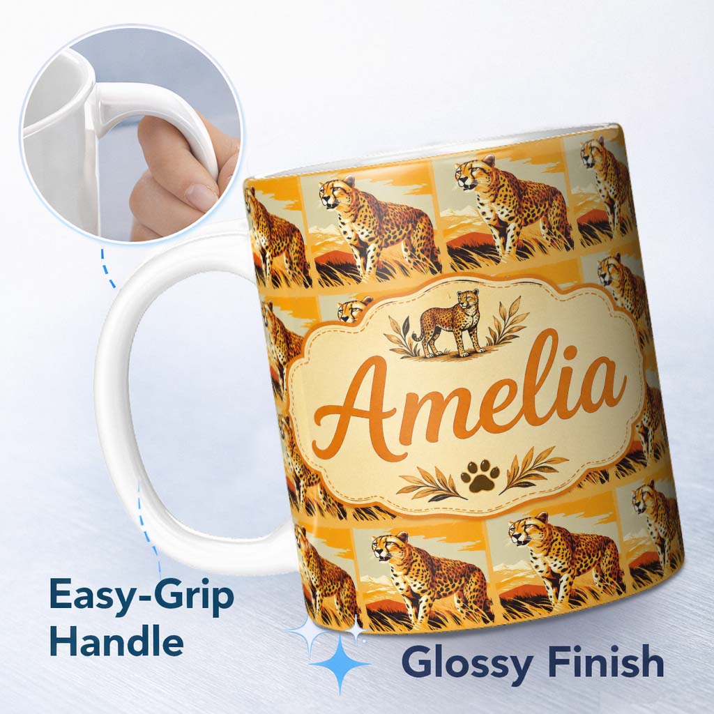 Personalized Custom Name Cheetah Safari Illustration Warm Tones Seamless Pattern Wildlife 11oz Ceramic Coffee Tea Mug White Large Handle