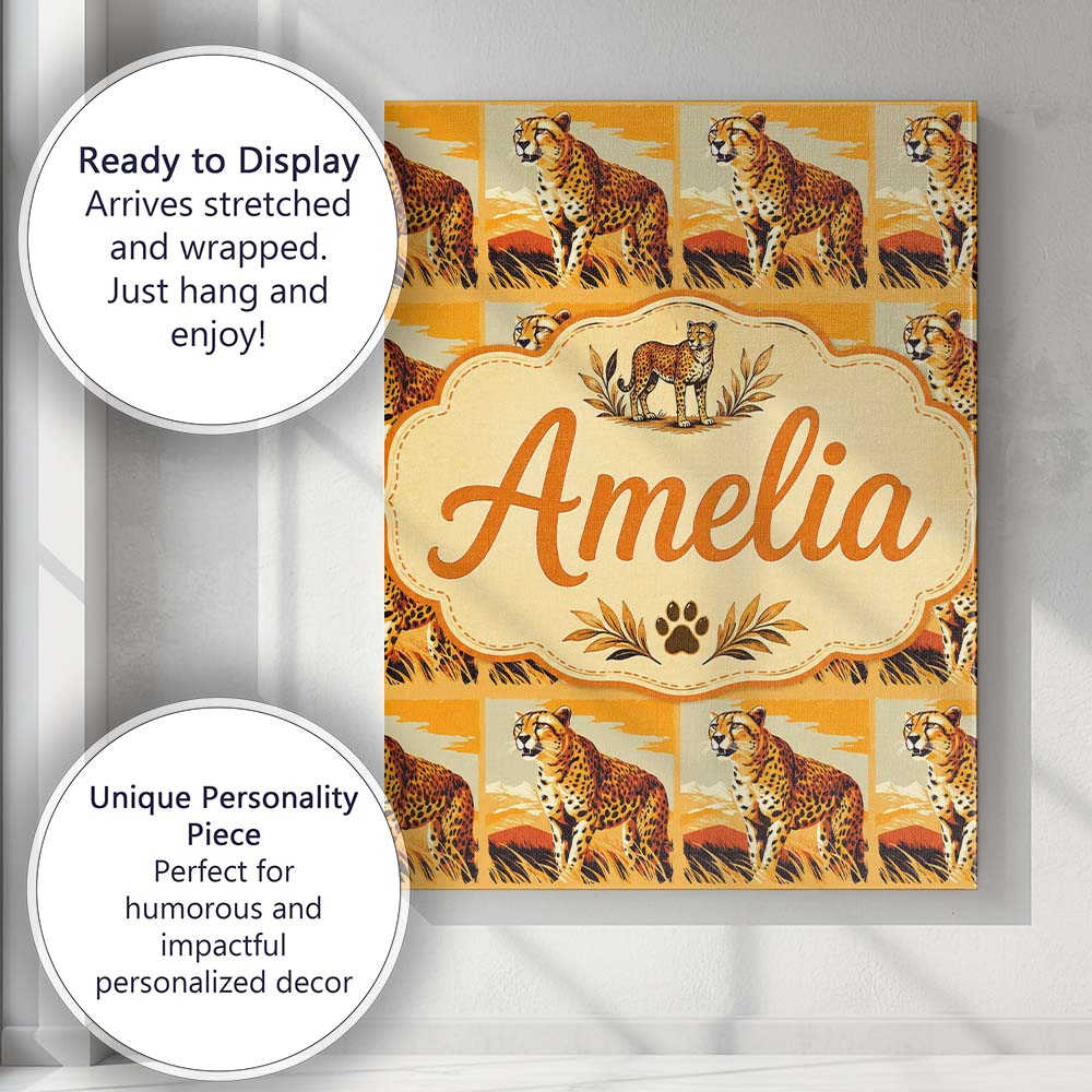 Personalised Name Cheetah Safari Illustration Custom Unique Gift Idea Modern Room Accent Canvas Wall Art Print Decor Picture Ready to Hang