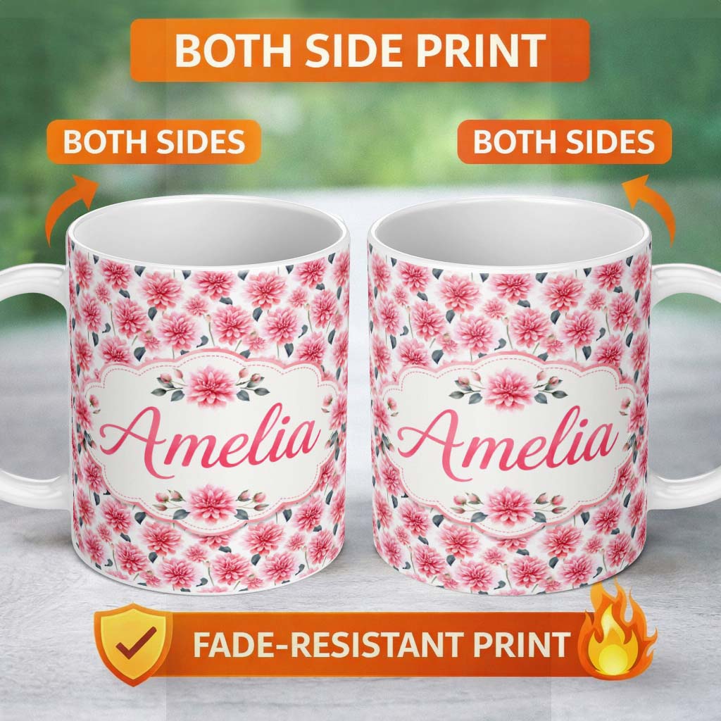 Personalized Custom Name Soft Pink Dahlia Floral Seamless Pattern Elegant Bloom Design Name 11oz Ceramic Coffee Tea Mug White Large Handle