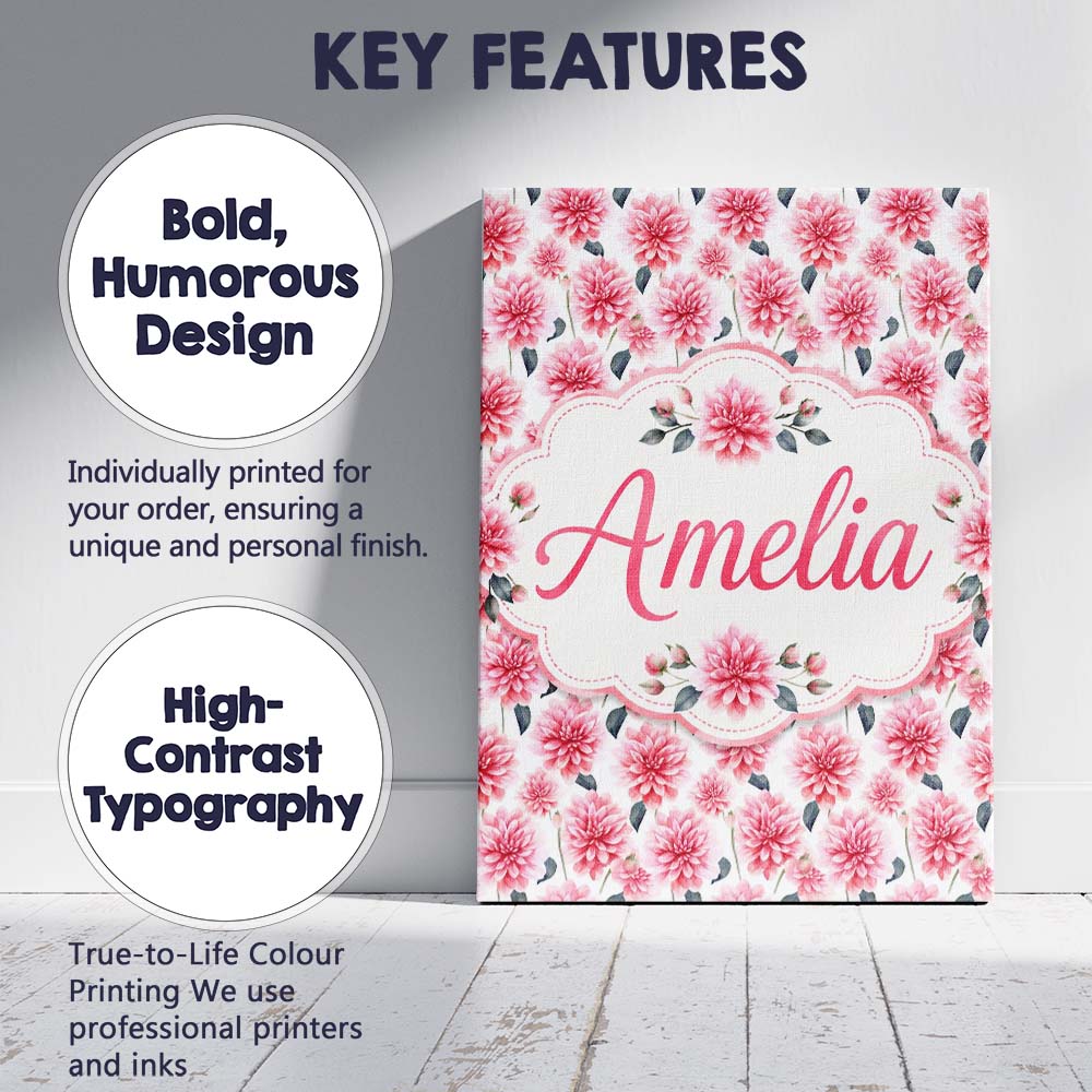 Personalised Name Soft Pink Dahlia Floral Custom Unique Gift Idea Elegant Feature Canvas Wall Art Print Decor Picture Ready to Hang