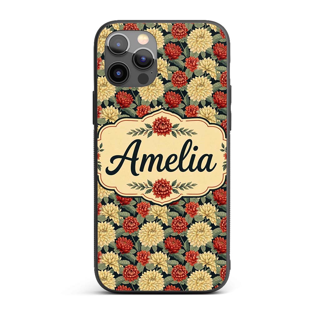 Vintage Chrysanthemum Floral Dark Background Custom Name Protective Phone Case Mobile Cover Durable Everyday Smartphone Shock Resistant