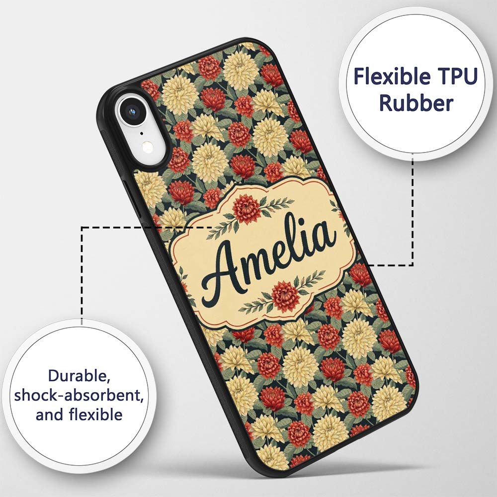 Vintage Chrysanthemum Floral Dark Background Custom Name Protective Phone Case Mobile Cover Durable Everyday Smartphone Shock Resistant