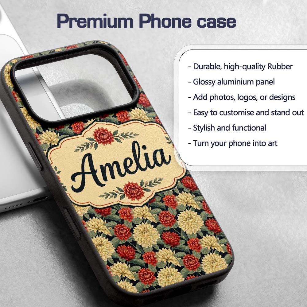 Vintage Chrysanthemum Floral Dark Background Custom Name Protective Phone Case Mobile Cover Durable Everyday Smartphone Shock Resistant