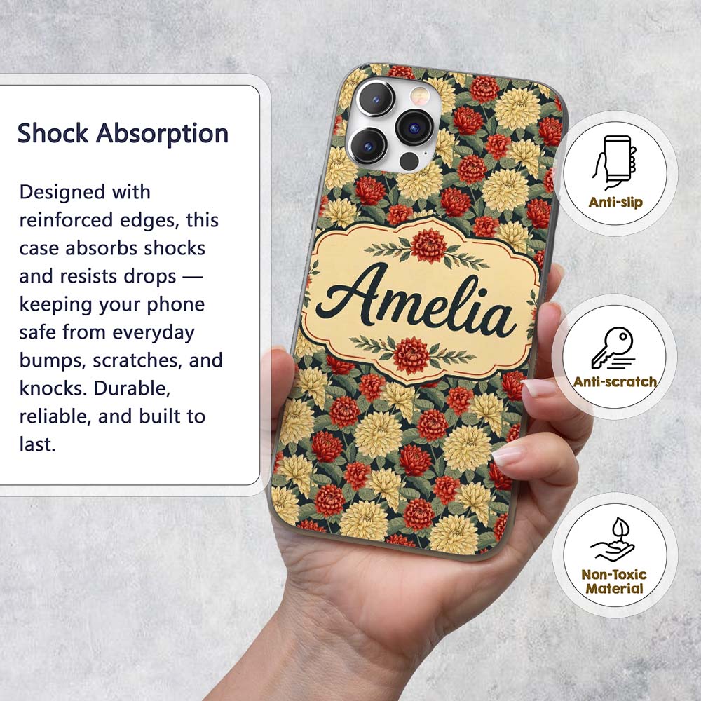 Vintage Chrysanthemum Floral Dark Background Custom Name Protective Phone Case Mobile Cover Durable Everyday Smartphone Shock Resistant