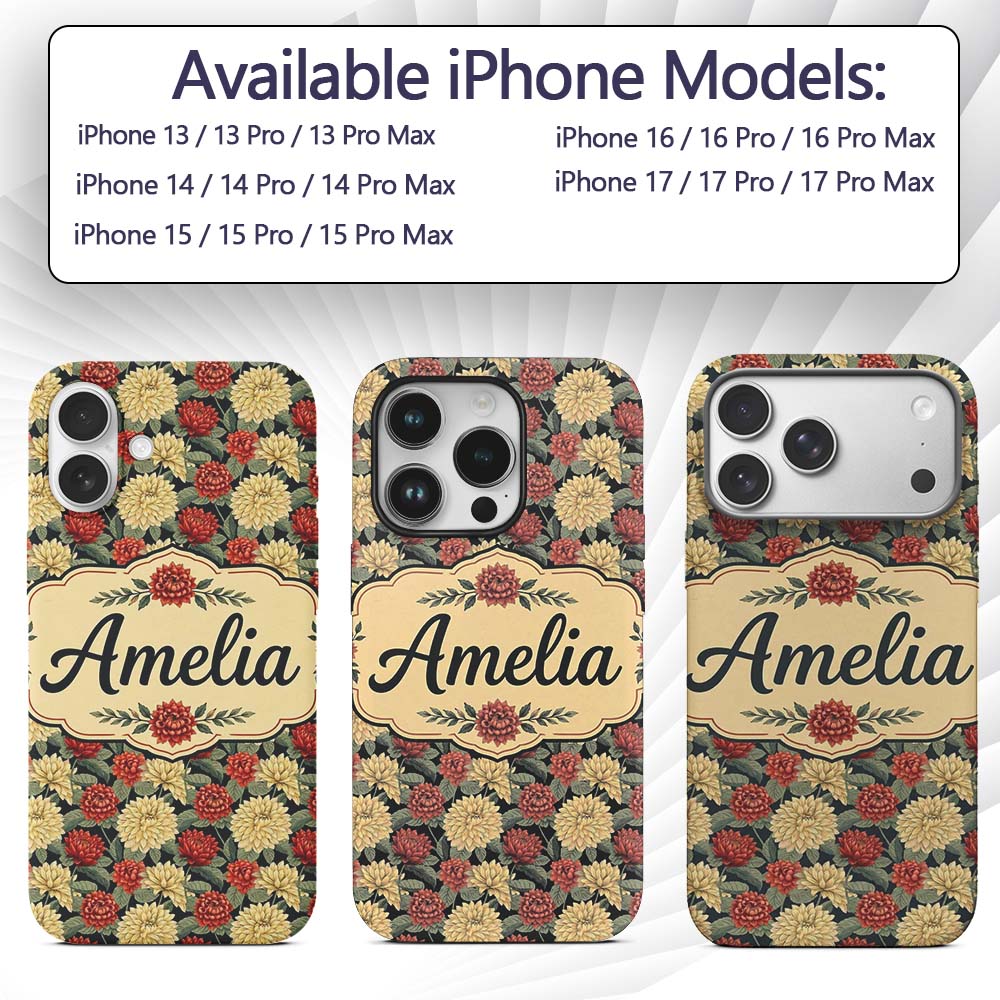 Vintage Chrysanthemum Floral Dark Background Custom Name Protective Phone Case Mobile Cover Durable Everyday Smartphone Shock Resistant