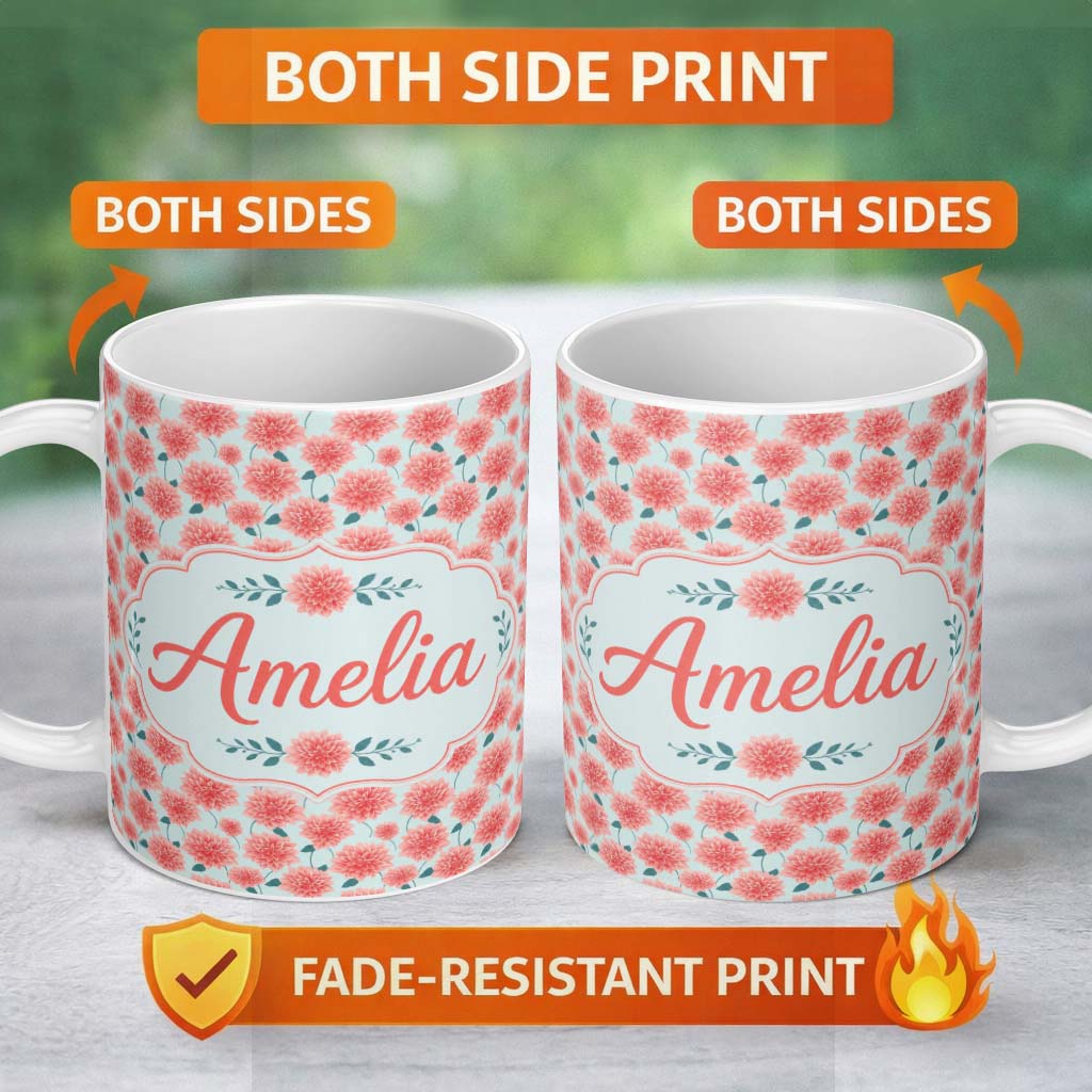 Personalized Custom Name Peach Dahlia Floral Light Blue Background Seamless Pattern Elegant 11oz Ceramic Coffee Tea Mug White Large Handle