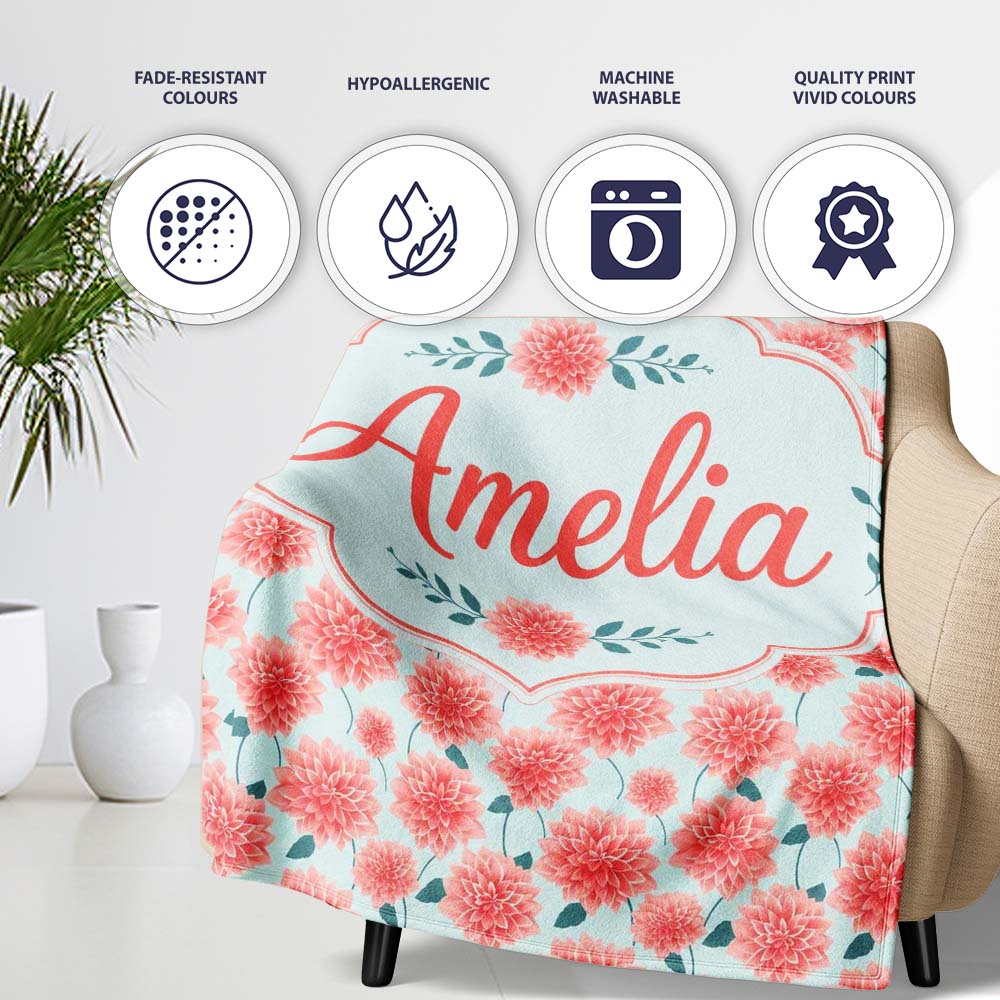 Peach Dahlia Floral Light Blue Background Seamless Pattern Elegant Personalised Custom Name Super Soft Fleece Blanket Bed Sofa Throw