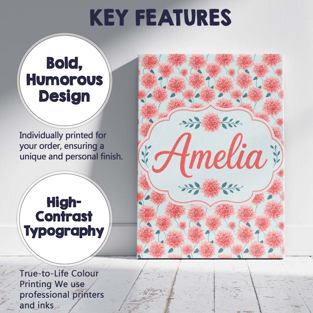 Personalised Name Peach Dahlia Floral Light Custom Bespoke Interior Contemporary Canvas Wall Art Print Decor Picture Ready to Hang