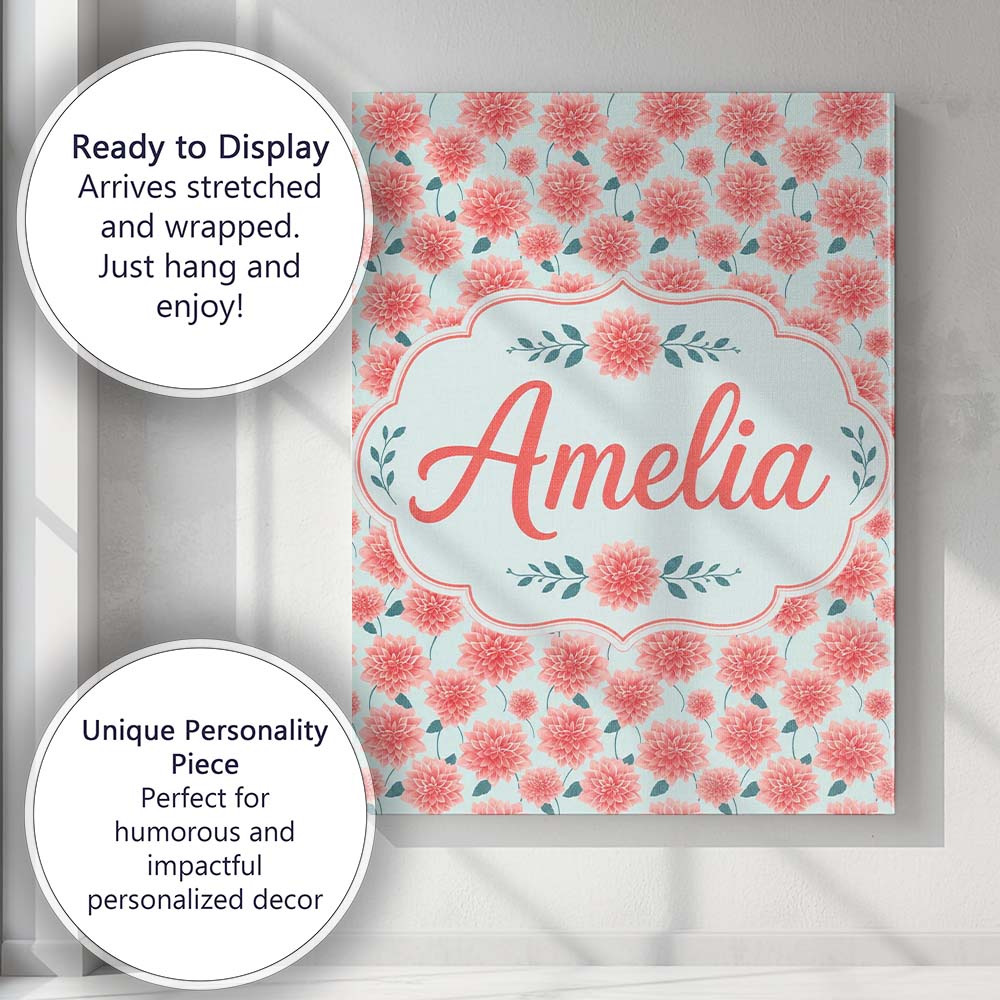 Personalised Name Peach Dahlia Floral Light Custom Bespoke Interior Contemporary Canvas Wall Art Print Decor Picture Ready to Hang