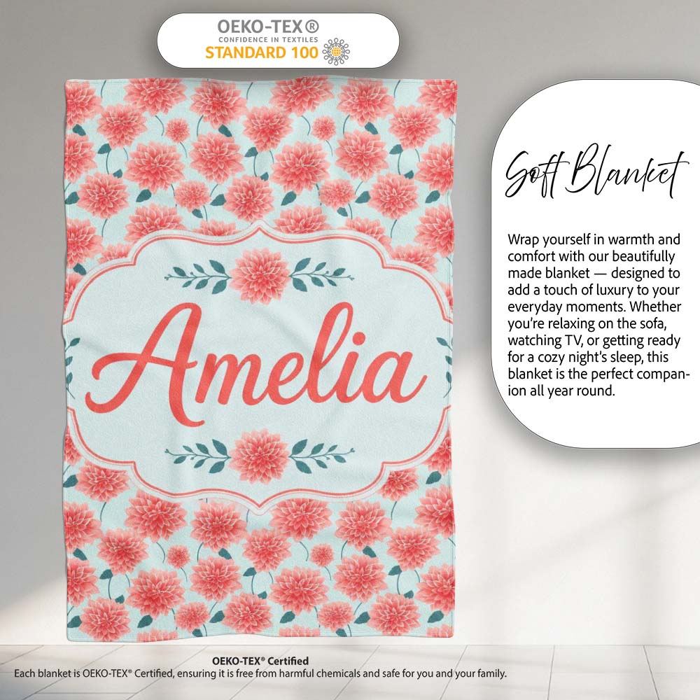 Peach Dahlia Floral Light Blue Background Seamless Pattern Elegant Personalised Custom Name Super Soft Fleece Blanket Bed Sofa Throw