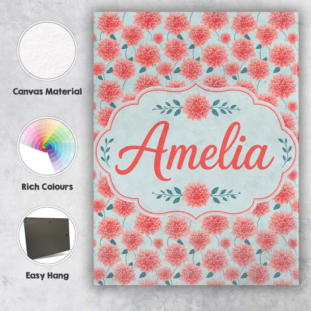 Personalised Name Peach Dahlia Floral Light Custom Bespoke Interior Contemporary Canvas Wall Art Print Decor Picture Ready to Hang