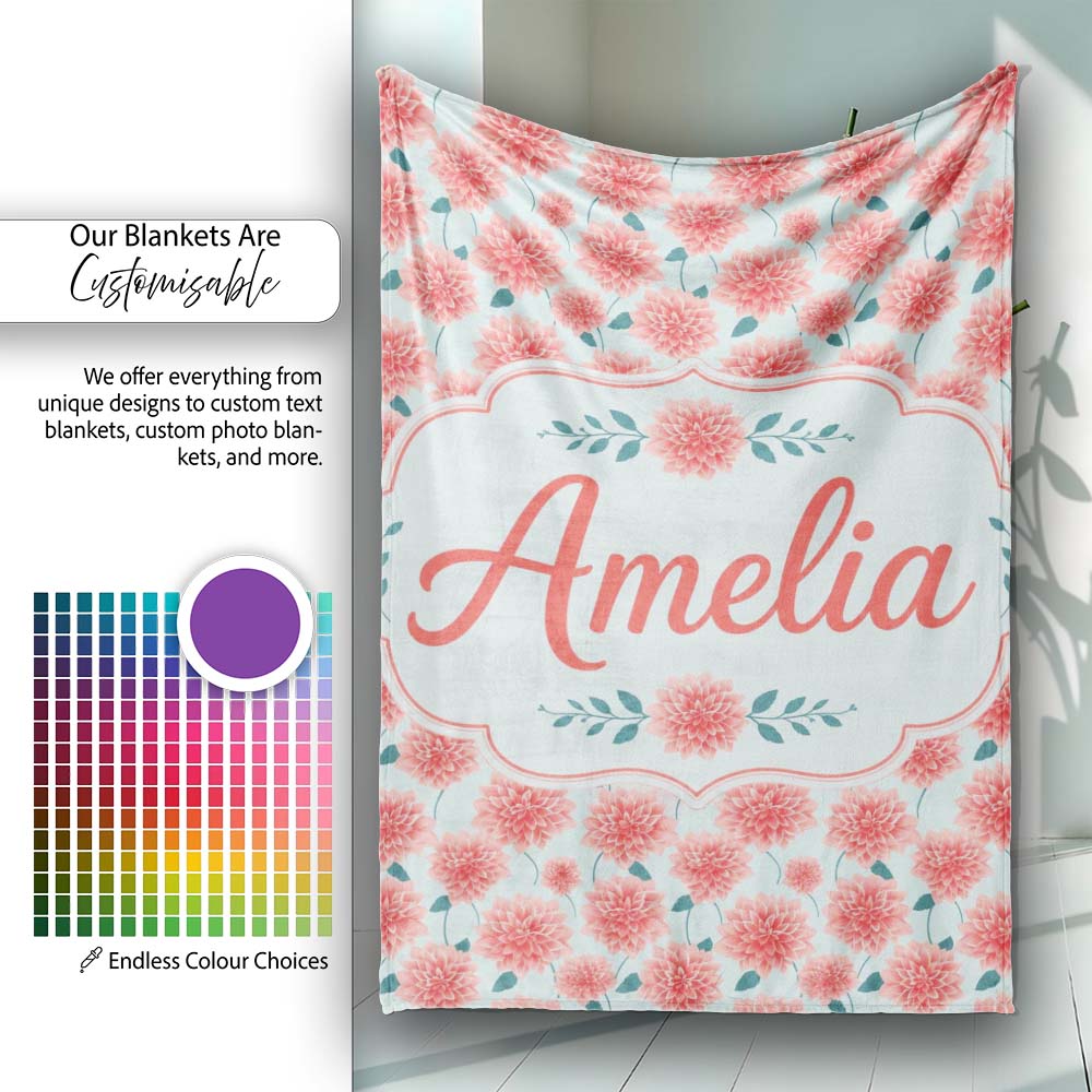 Peach Dahlia Floral Light Blue Background Seamless Pattern Elegant Personalised Custom Name Super Soft Fleece Blanket Bed Sofa Throw