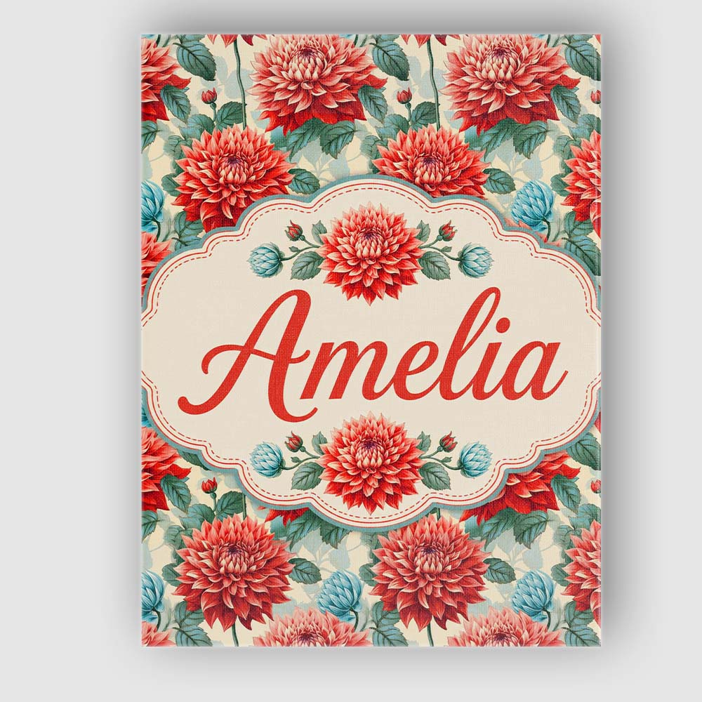 Personalised Name Red Dahlia Botanical Custom Modern Room Accent Elegant Feature Canvas Wall Art Print Decor Picture Ready to Hang