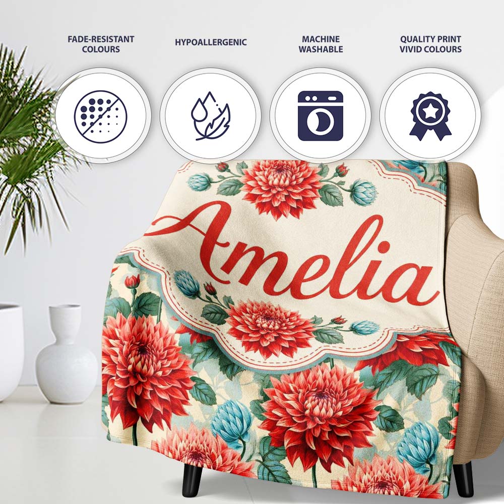 Red Dahlia Botanical Floral Seamless Pattern Detailed Bloom Design Personalised Custom Name Super Soft Fleece Blanket Bed Sofa Throw